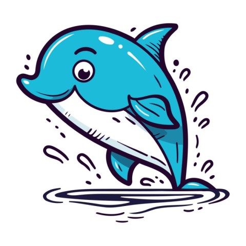 Cute cartoon dolphin jumping out of the water. Vector illustrati