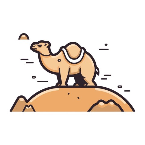 Camel on the mountain. Vector illustration in flat linear style.