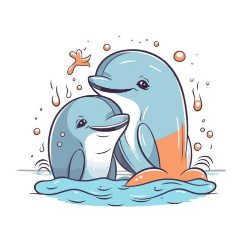 Cute cartoon dolphin with cub on white background. Vector illust