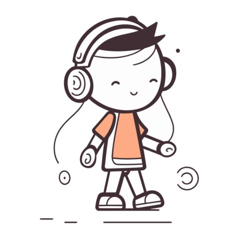 Cute little girl listening to music with headphones. Vector illu