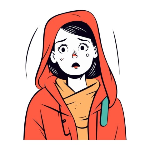 Illustration of a girl in a red hoodie with a hood.