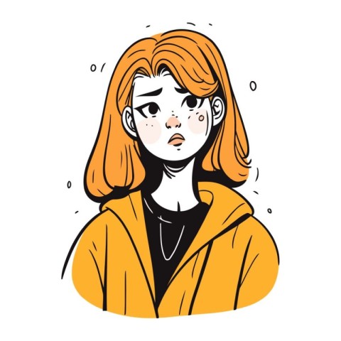 Vector illustration of a sad woman in a yellow coat. Cartoon sty