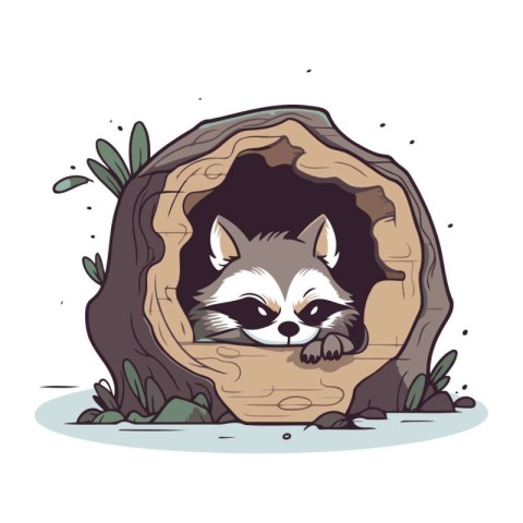 Raccoon in a hole. Vector illustration in cartoon style.