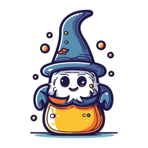 Cute cartoon snowman in a witch hat. Vector illustration.