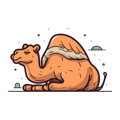 Cute cartoon camel sitting on the ground. Vector illustration is