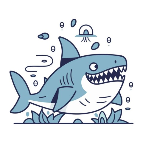 Vector illustration of cartoon shark in flat line style. Isolate