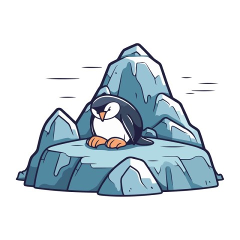 Cute penguin on the rocks. Vector illustration in cartoon style.