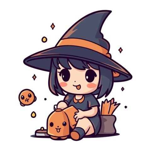 Cute little witch with a bag of food. Vector illustration.