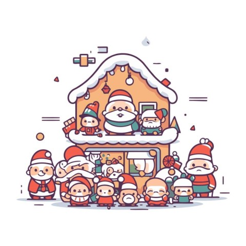 Santa Claus and his family in front of the house. Vector illustr