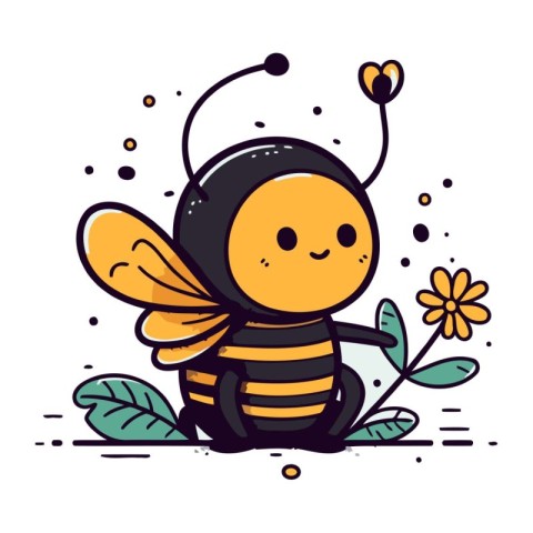 Cute cartoon bee with flower. Vector illustration in doodle styl