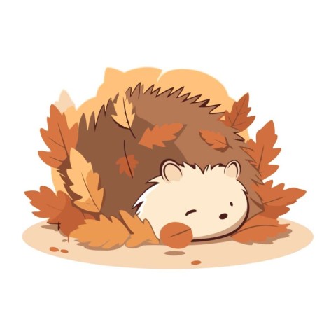 Cute hedgehog lying in autumn leaves. Cute cartoon vector illust