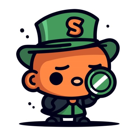 Leprechaun with magnifying glass. Vector illustration.