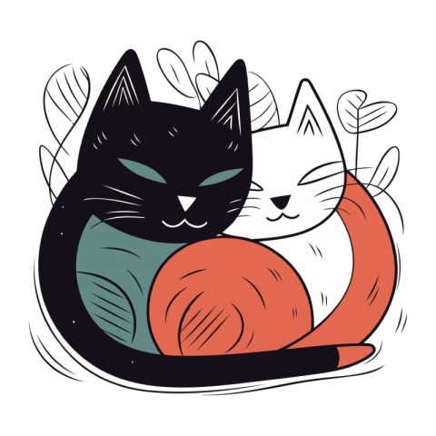 Cute black cat and red cat sleeping in a basket. vector illustra