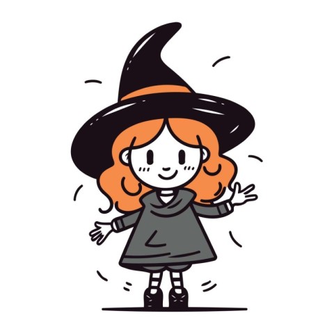 Halloween witch with red hair and black dress. Vector illustrati