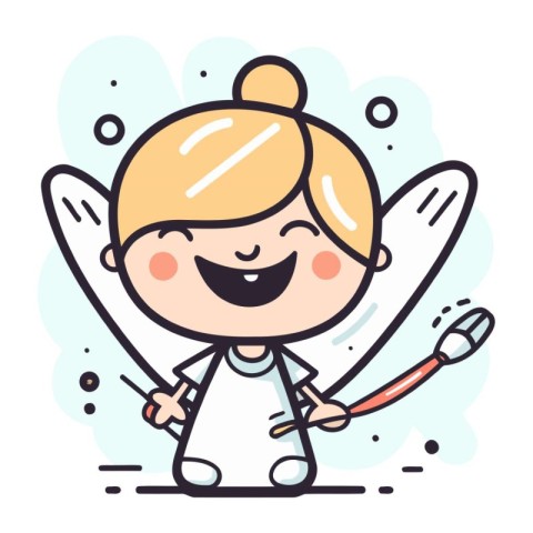 Cute little girl holding paint brush and smiling. Vector illustr