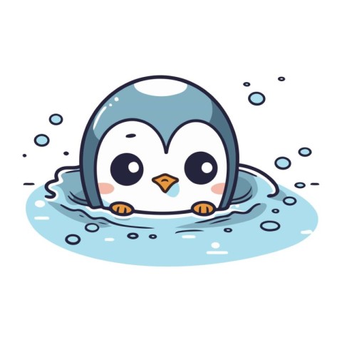 Cute cartoon penguin swimming in the water. Vector illustration.