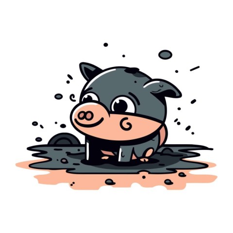 Cute cartoon hippo in a puddle. Vector illustration.