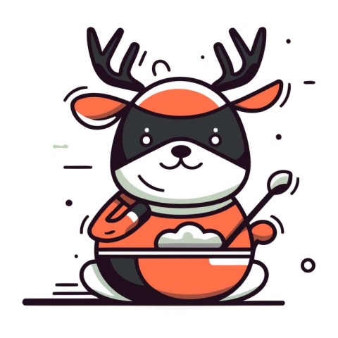 Cute reindeer in Santa Claus costume eating ice cream. Vector il