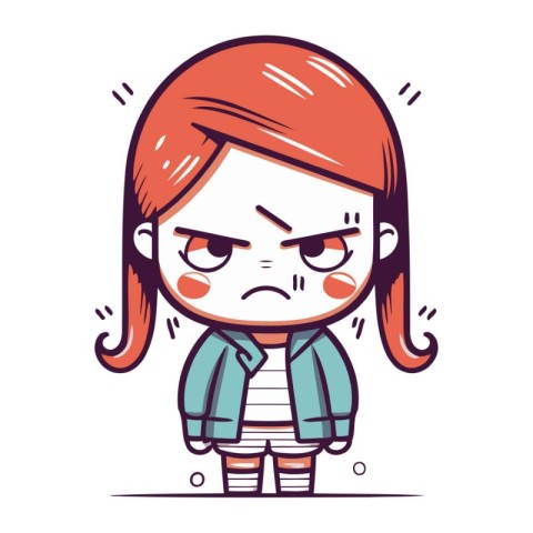 Angry little girl cartoon character. Vector illustration in line