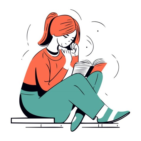 Young woman reading a book. Vector illustration in flat cartoon