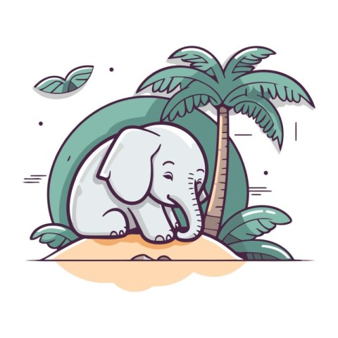 Cute elephant on the beach with palm trees. Vector illustration.