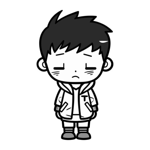 Annoyed boy in winter clothes cartoon illustration on white back