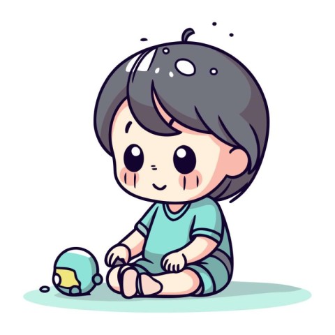 Illustration of a Cute Little Boy Sitting and Playing with His T