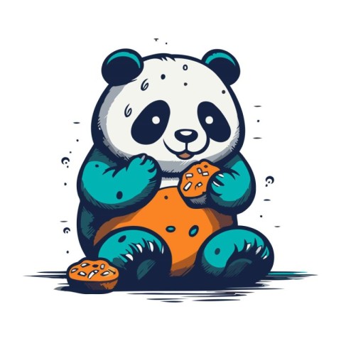 Cute panda sits on the moon and eats cookies. Vector illustratio