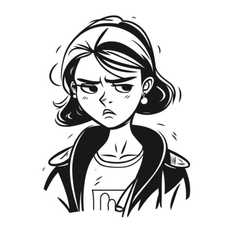 Angry girl. Vector illustration in black and white style on a wh