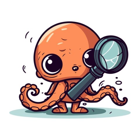 Octopus with magnifying glass. Cute cartoon vector illustration.