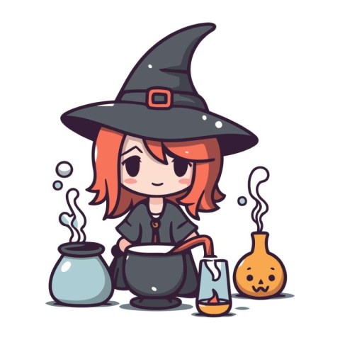 Cute witch girl with pot of potion. Halloween vector illustratio