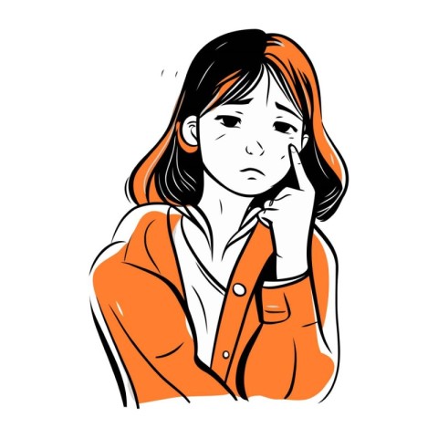 Sad woman in orange jacket. Vector illustration. isolated on whi