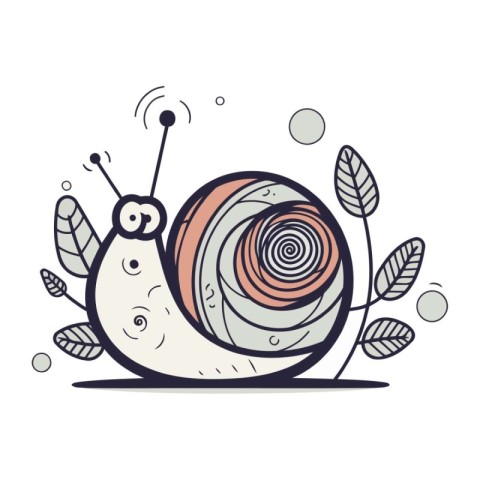 Snail in a shell with leaves. Vector illustration in cartoon sty