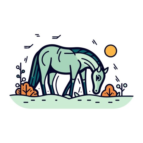 Horse in the field. Vector illustration in flat linear style.