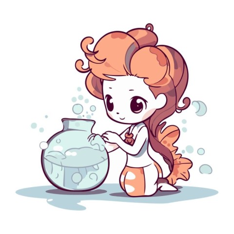 Cute little girl with fishbowl. Vector illustration in cartoon s