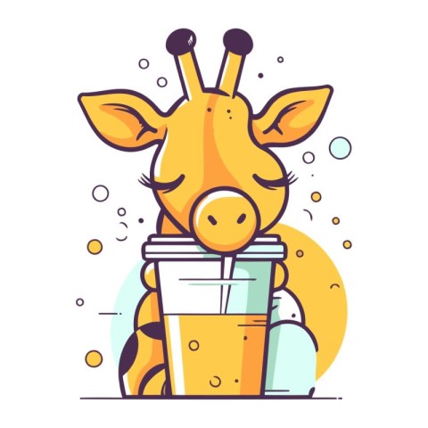 Cute giraffe drinking juice. Vector illustration in flat style.