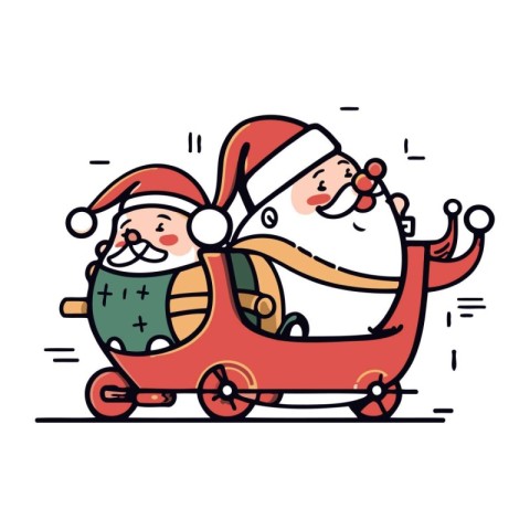 Santa Claus rides a car with gifts. Vector illustration in line