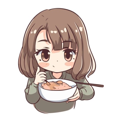 Illustration of a Cute Girl Eating a Bowl of Oatmeal