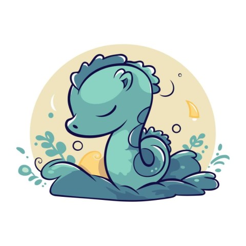 Vector illustration of a cute blue dinosaur with snail shell. Ca