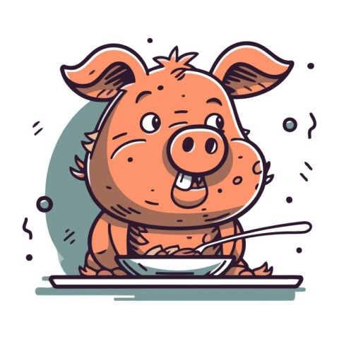 Funny pig with a plate of food. Vector illustration in cartoon s