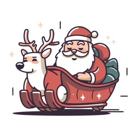 Santa Claus riding a sleigh with reindeer. Vector illustration.