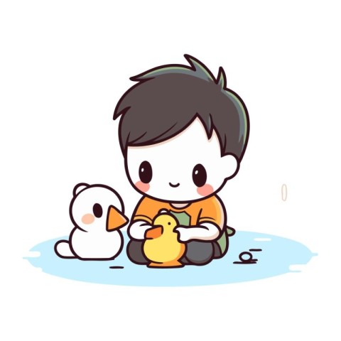 Cute boy playing with duck and penguin. Vector illustration.