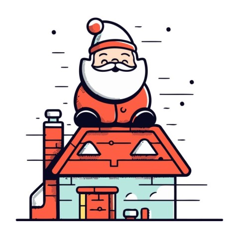 Santa Claus sitting on the roof of the house. Vector illustratio