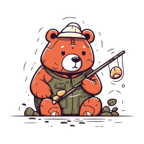 Cute cartoon bear fisherman with fishing rod. Vector illustratio