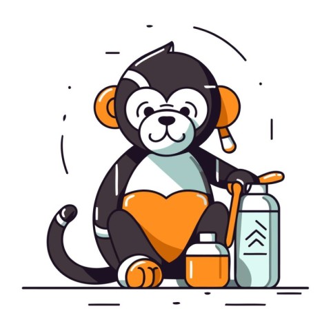 Cute cartoon monkey with a bottle of milk. Vector illustration.