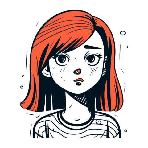 Portrait of a sad girl with red hair. Vector illustration.