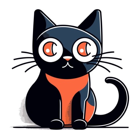 Cute cartoon black cat with big eyes sitting. Vector illustratio