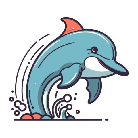 Cute dolphin jumping out of water. Vector illustration in cartoo