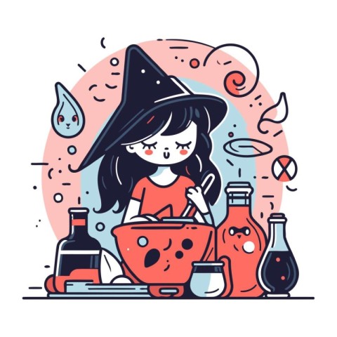 Cute little girl in witch costume preparing potion. Vector illus