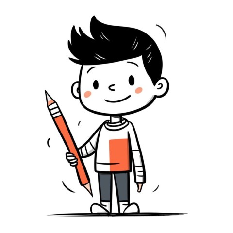 Cute boy holding pencil. Vector illustration in hand drawn style